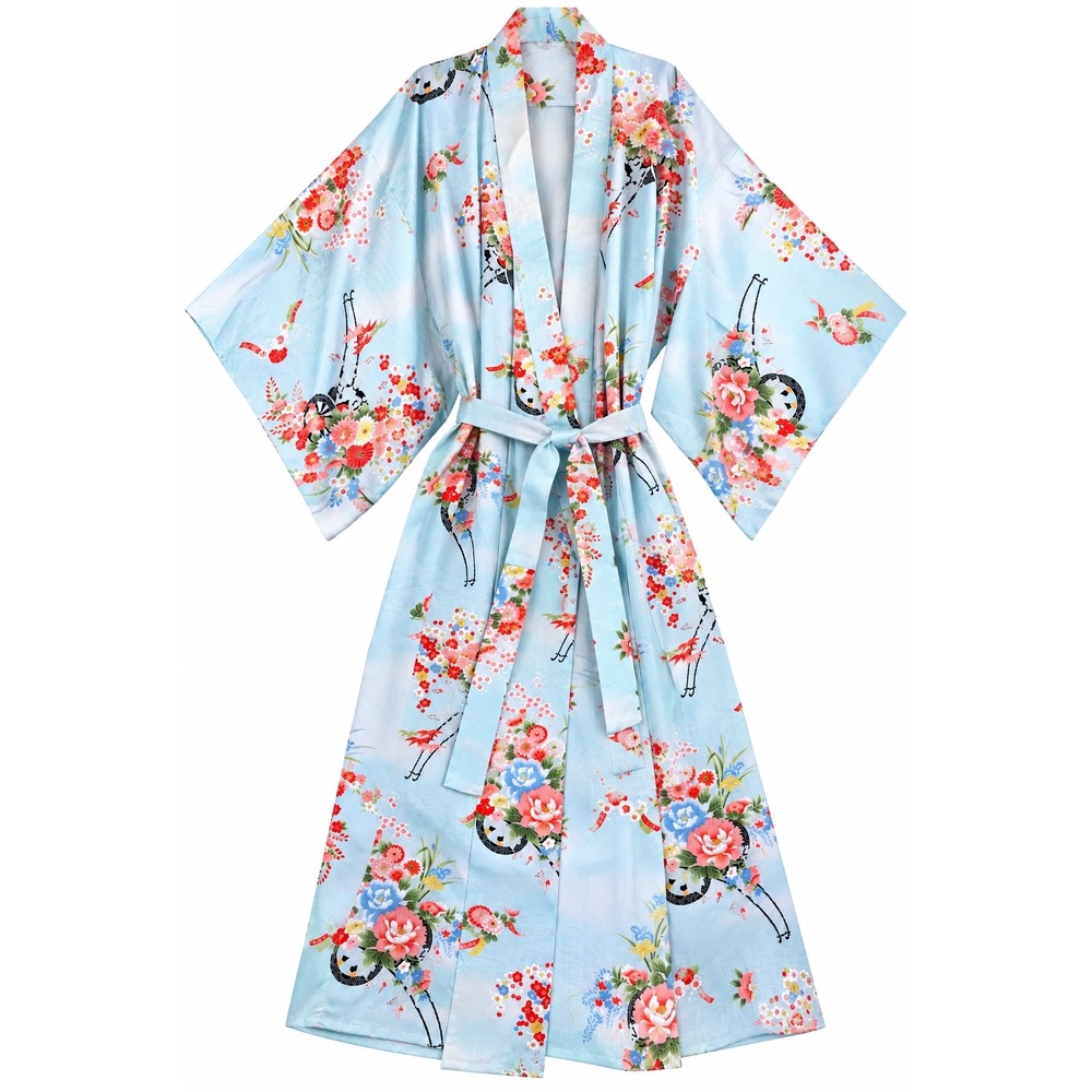 Womens OS ICHI BAN Kimono Robe Blue Polyester Floral Crane Vintage Japan Duster